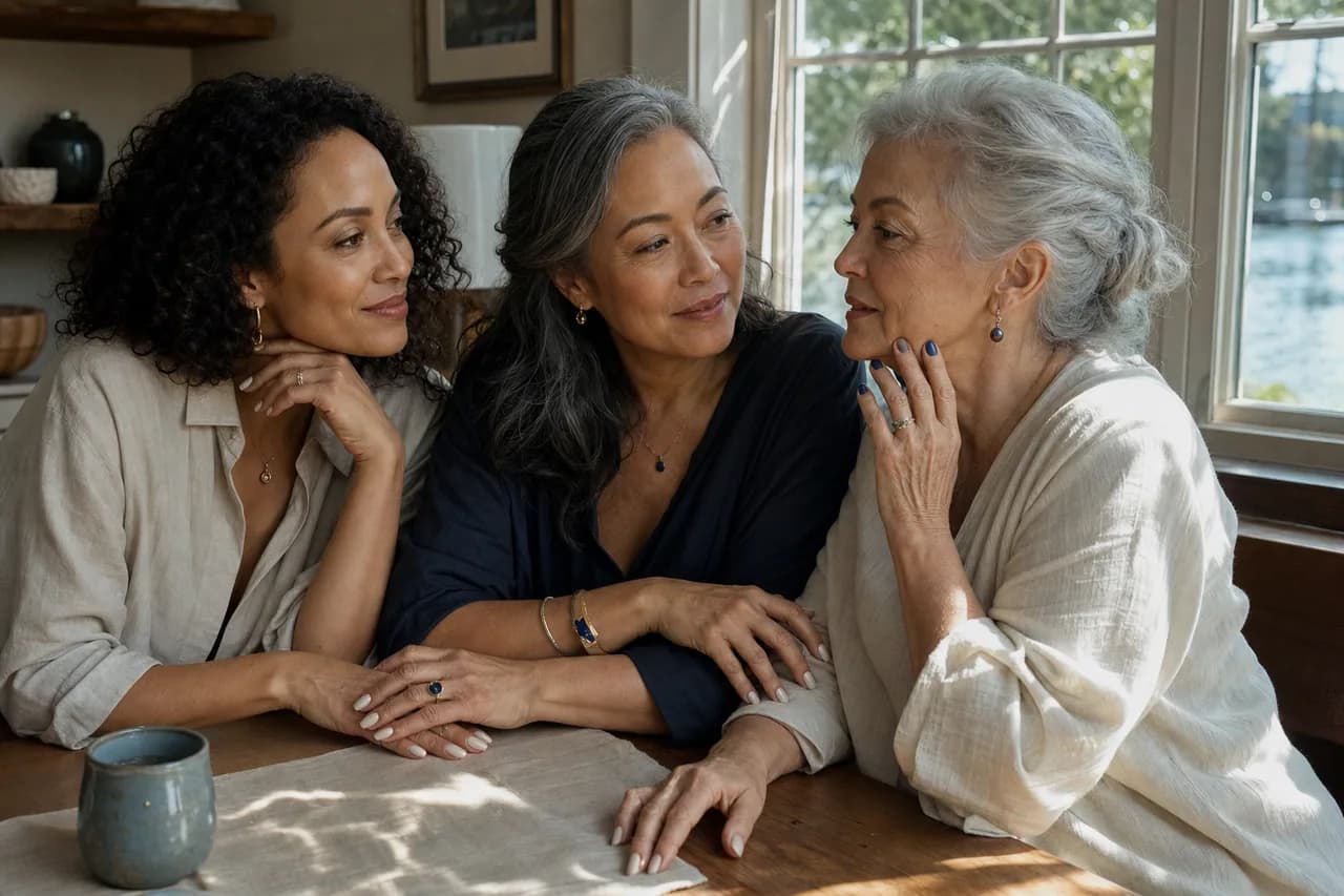 Three adult women of different ages and skin tones sit close together beside a sunlit window overlooking water, resting hands with soft neutral and blue-toned manicures.