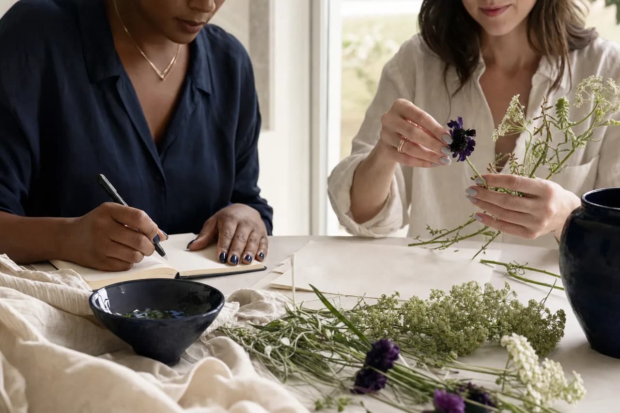 Close view of two adults at a bright table — one writing in a journal, one arranging wildflowers — their hands showing a navy and a pale-blue gel finish.